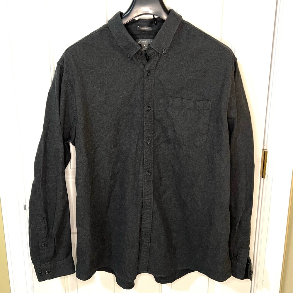 Eddie Bauer Men Dark Grey Cotton Flannel Long Sleeve Button Up Shirt, 2XL